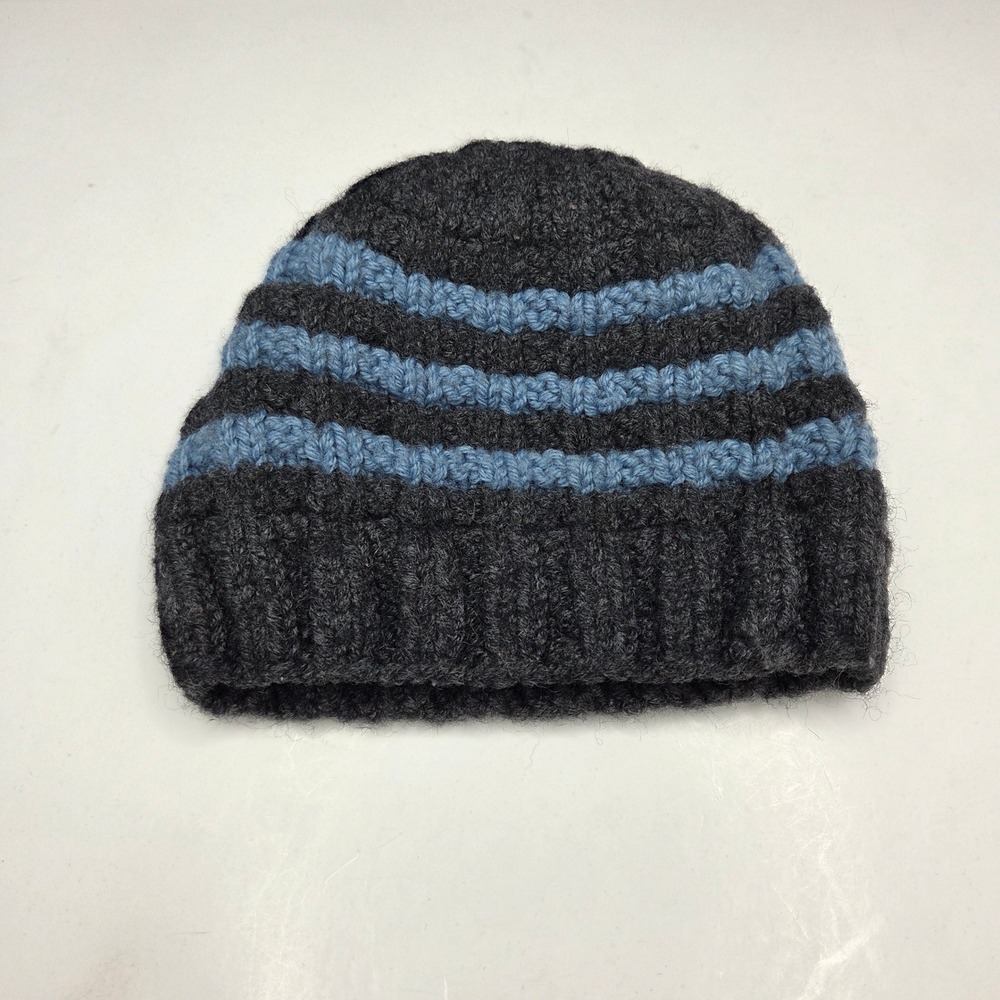 Handmade Knit Beanie Hat Striped Gray Blue One Size Winter Warm Crochet Cap